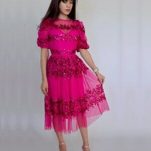 Sequin Hot Pink Midi Modest Christmas/New Year's Party Dress